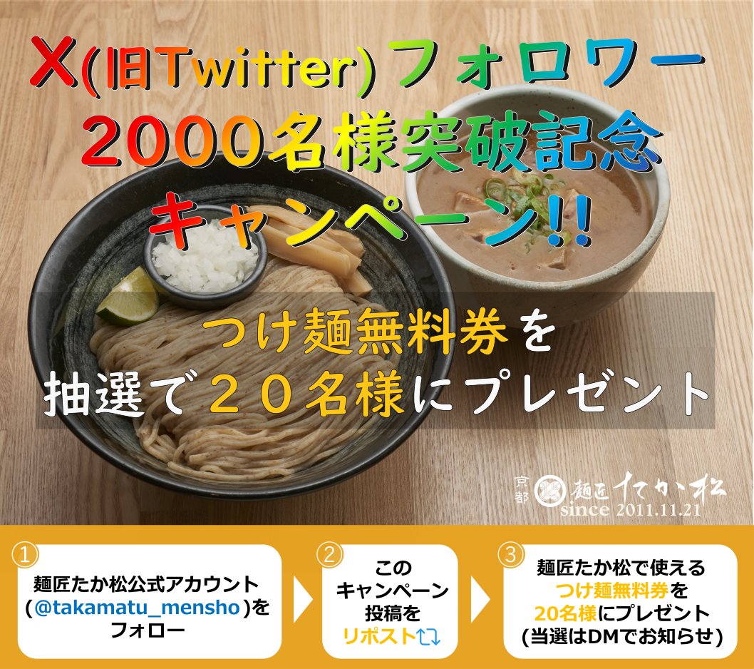 takamatu_mensho's tweet photo. 🍜━━━━━━━━
#麺匠たか松
#フォロワー2000名様
#記念キャンペーン🎯
━━━━━━━━━━

フォロワー2000名様を記念して、
2⃣0⃣名様につけ麺無料券をプレゼント🎁

【応募方法】
1⃣@takamatu_menshoをフォロー📲
2⃣この投稿をリポスト🔄
🗓️応募期間：～9/30(土)

当選者は後日DMでお知らせ📩 https://t.co/jSFEi3YVkQ