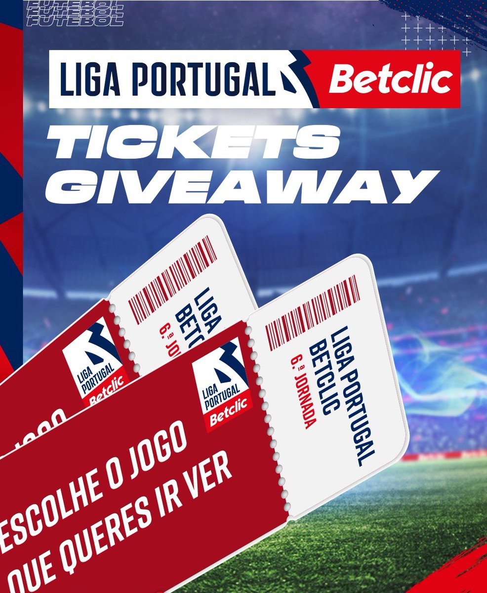 🚨 GIVEAWAY DE 10 BILHETES DUPLOS PARA A 6.ª JORNADA da #LigaPortugalBetclic! 🎟️

▪ Segue <a href="/BetclicPortugal/">Betclic Portugal 🔞</a>
▪ RT + FAV
▪ Comenta o jogo que queres ir ver e identifica quem levas contigo

Comenta várias vezes mas identifica pessoas diferentes.
Vencedores anunciados sexta-feira.