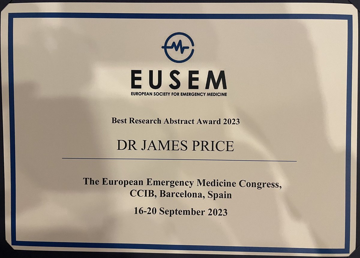 Congrats to Dr James Price and @EastAngliAirAmb @EAAARAID team for winning the best research abstract of the EUSEM conference 2023 #EUSEM2023