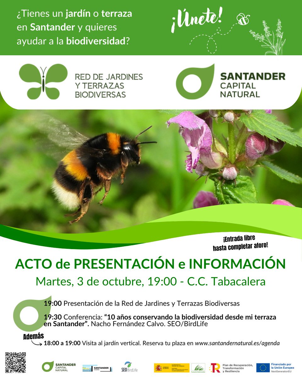 👋Únete a la Red de Jardines y Terrazas Biodiversas, ven a la presentación en Tabacalera  
Martes 3/10, 19:00 Presentación de la Red en C.C. Tabacalera 
Además, entre las 18:00 y las 19:00 podrás visitar el jardín vertical, previa inscripción: santandernatural.es/agenda
#SDRnatural