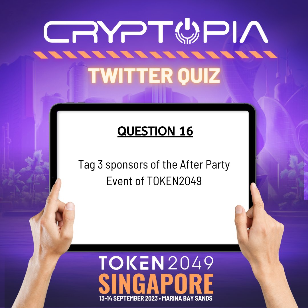 CryptopiaOFCL's tweet photo. 🚀 Here's Question Number 16 (for 3 Points)
In celebration of Cryptopia being a Gold Partner at the TOKEN2049 Event, we are launching Cryptopia TOKEN2049 Twitter Quiz!
How to join:
1. Answer daily questions (Sept 6-20) posted in https://t.co/H7OXzA2uwW
2. Retweet your answers to Cryptopia's Twitter post
3. Use #CryptopiaAtTOKEN2049 and #TOKEN2049
4. Follow @CryptopiaOFCL and @HFBonnet
Win big! 🏆
Top 1 = $50
Top 2 = $40
Top 3 = $30
Top 4 = $20
Top 5 = $10
Plus, raffle winners for participants get $10 x 5.
*The campaign runs until Sept 20. Get involved and celebrate with us! If there's a tie, the individual who responds first(among those with same scores) for each question will receive the point.
💰🗓 #Cryptopia #GoldPartner #TOKEN2049