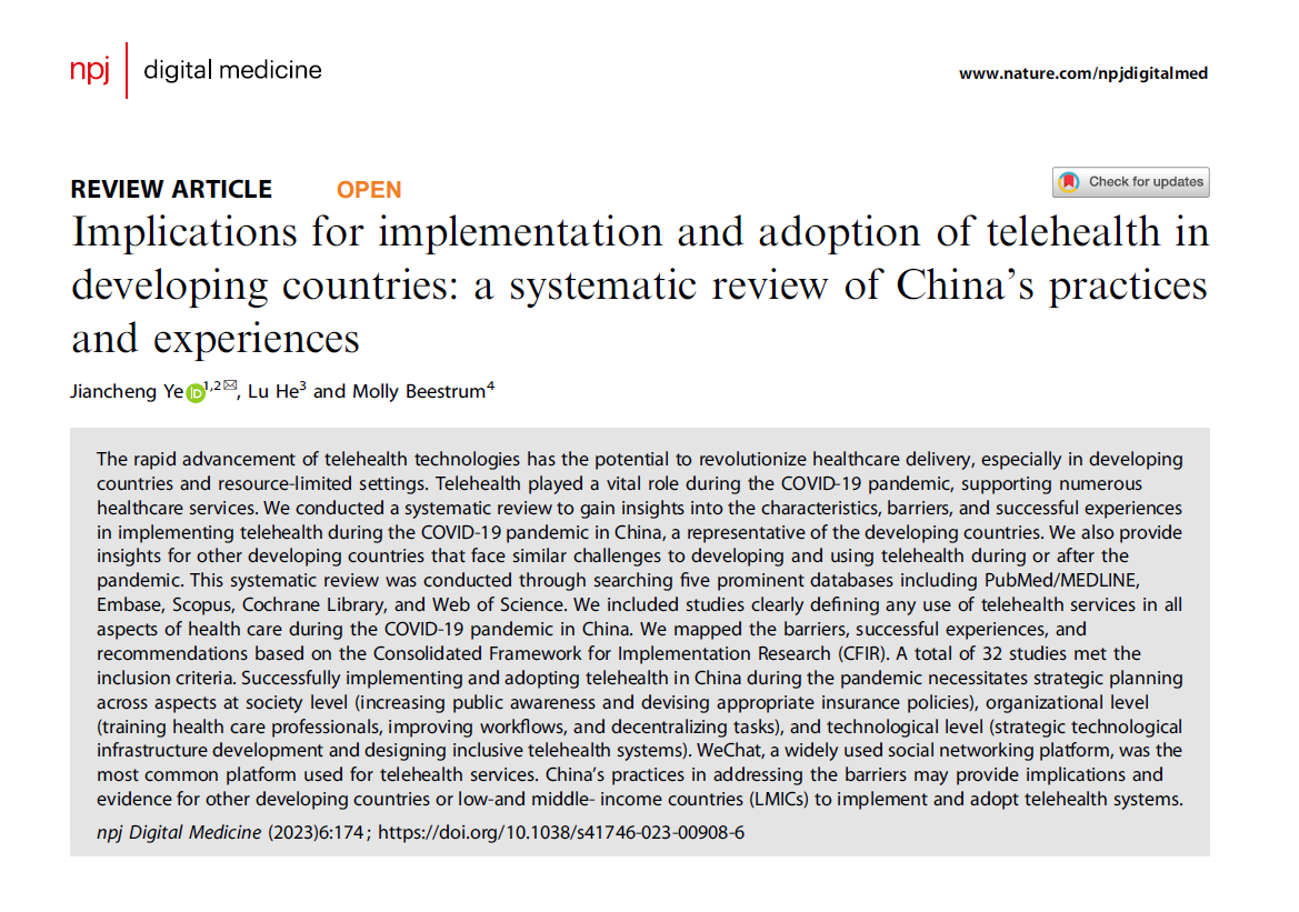 npjDigitalMed's tweet photo. This #systematicreview used the Consolidated Framework for Implementation Research (CFIR) to identify barriers, successful experiences, &amp; recommended practices related to the implementation and adoption of #telehealth from multiple perspectives.

https://t.co/UvBgH9CLiw https://t.co/idWuTk1lQy