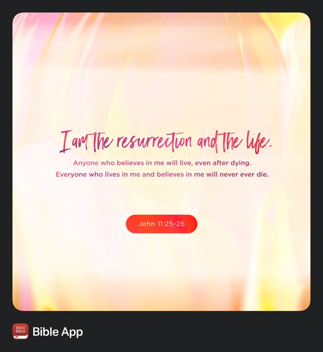 dr_pmcg's tweet photo. “Jesus told her, 
“I am the resurrection and the life. 
Anyone who believes in me will live, 
even after dying. 
Everyone who lives in me and believes in me 
will never ever die. 
Do you believe this?”

John 11:25-26 NLT https://t.co/1TREPwPDz3
