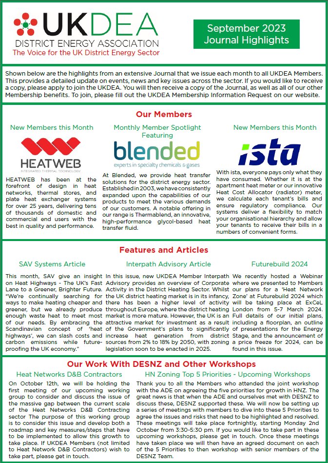 Each month we produce and send out the UKDEA District Energy Journal to all of our Members. Below you can take a look at some of the highlights from this month's issue. If you would like to receive a copy of the Journal every month, please apply to join the UKDEA on our website.