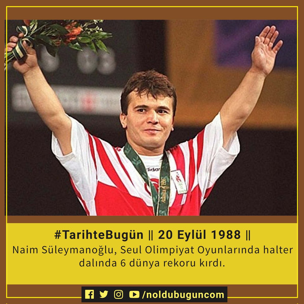 noldubuguncom's tweet photo. #TarihteBugün 20 Eylül 1988
"Cep Herkulü" Naim Süleymanoğlu katıldığı ilk Olimpiyat olan 1988 Seul'de 60 kiloda altı dünya, dokuz olimpiyat rekoru kırarak muhteşem bir başarı elde etti ve Türkiye'ye Olimpiyatlar tarihinde güreş dışında ilk altın madalya kazandıran sporcu oldu. https://t.co/V7k7w4f0XT