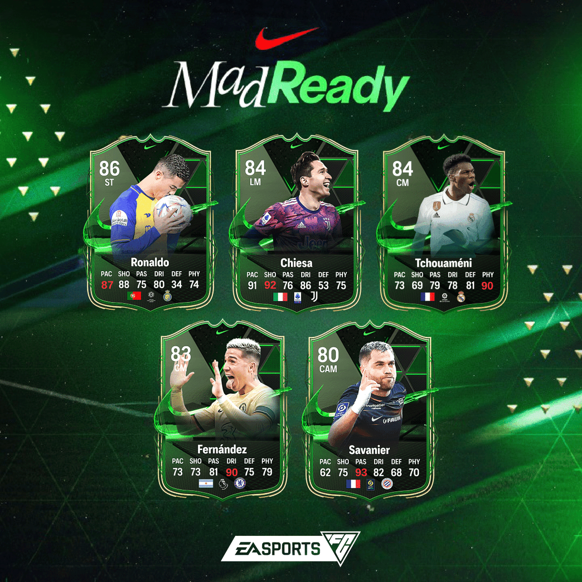 TKO_GamingClub's tweet photo. PREDICCIÓN DEL EVENTO NIKE MAD READY ✅
🇵🇹 Cristiano Ronaldo
🇮🇹 Chiesa
🇫🇷 Tchouameni
🇦🇷 Enzo Fernández
🇫🇷 Savanier
#Nike #MadReady #EAFC24 https://t.co/7w29qULrB8