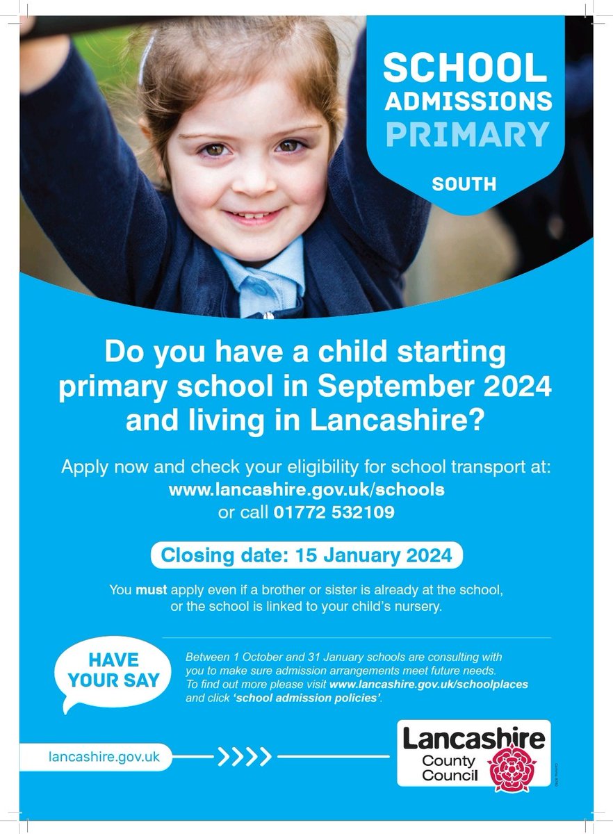 Applicants can apply on lancashire.gov.uk/schools until the statutory closing date of 15 January 2024.