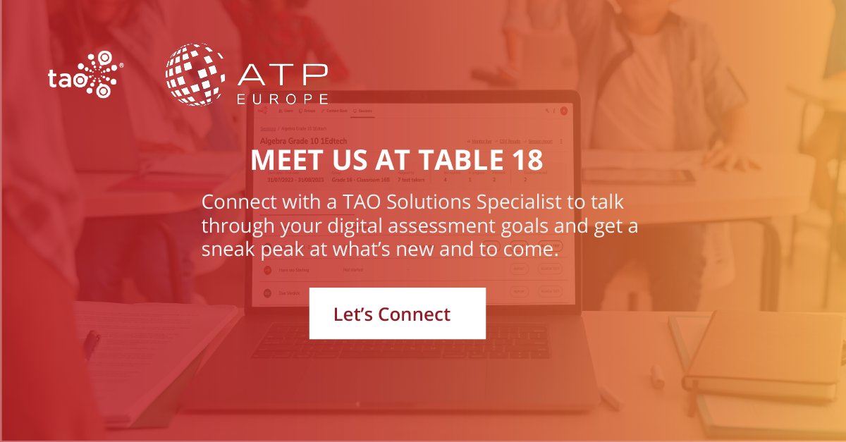TAOTesting's tweet photo. It's great to be back at eATP this year! If you're attending the show, come meet us at Table 18 to talk all things digital assessment and check out how we've been developing the TAO platform.
#eATP2023 #eATPconf #Assessment #DigitalTransformation
https://t.co/RdR3zq47xG https://t.co/cgWNQwHTFB