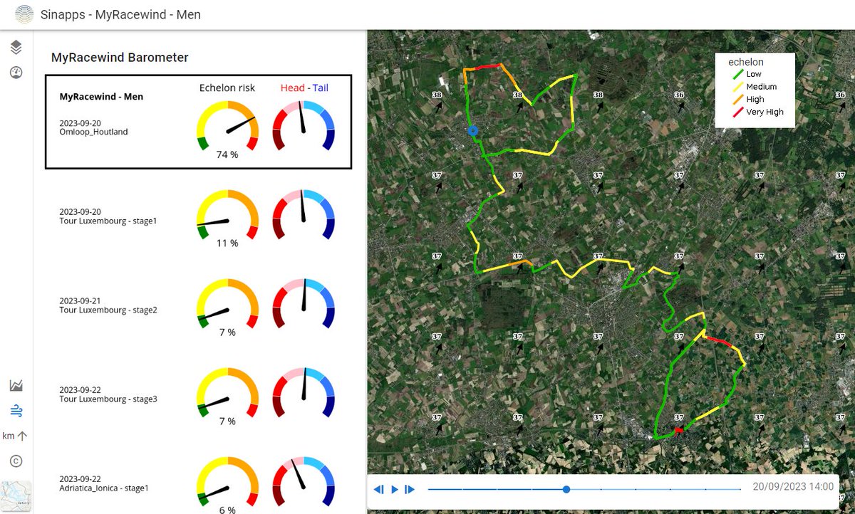 🌬️Windy conditions today in Omloop van het Houtland. The #MyRacewind echelon map shows yellow, orange and even red alert zones!
#OvhH #waaieralarm myracewind.imdcapps.be/racewind-barom…