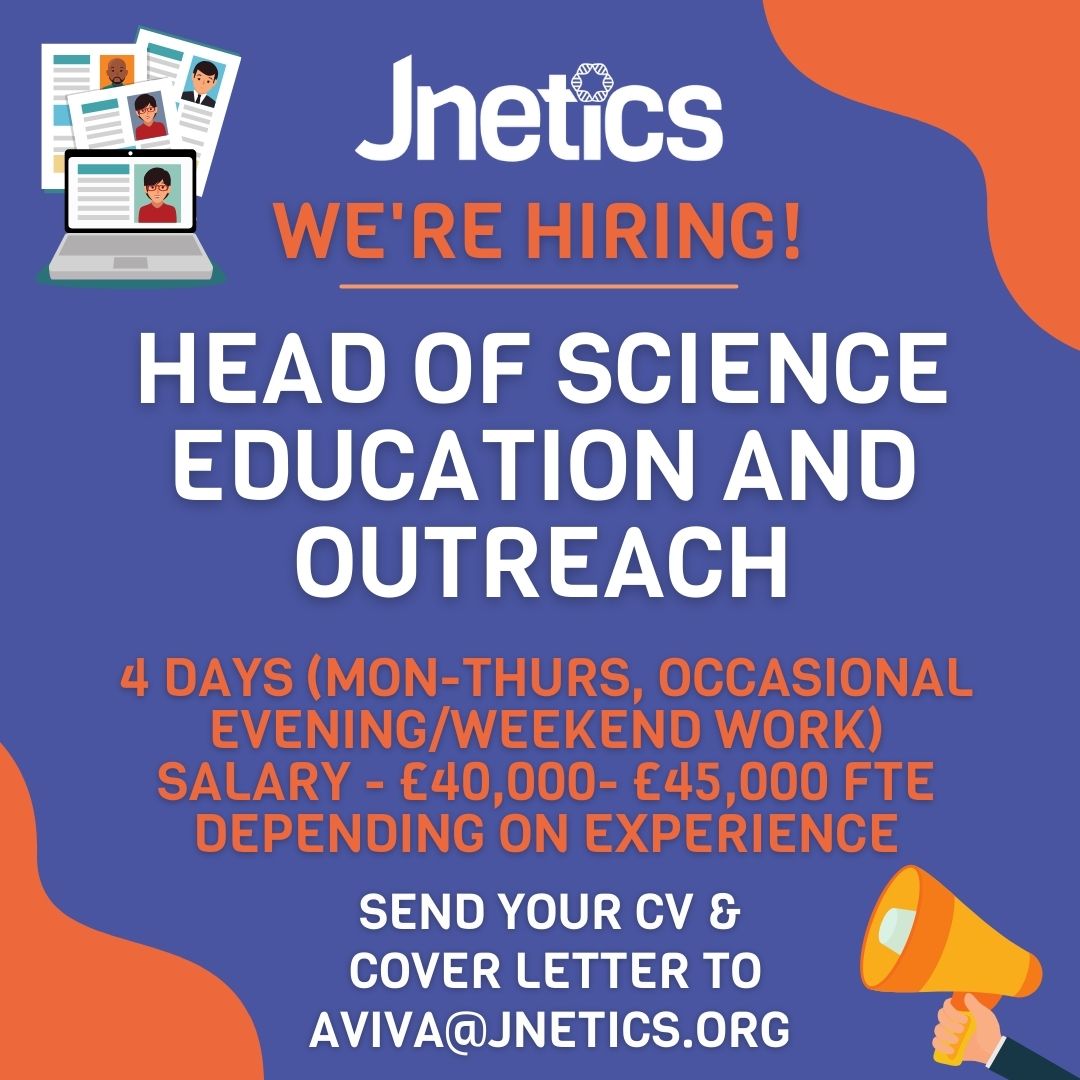Jnetics is recruiting a  "Head of Science Education and Outreach"

For a full job description please visit jnetics.org/about-us/work-… 

#jnetics #werehiring #newrole #joinjnetics #jneticscareers