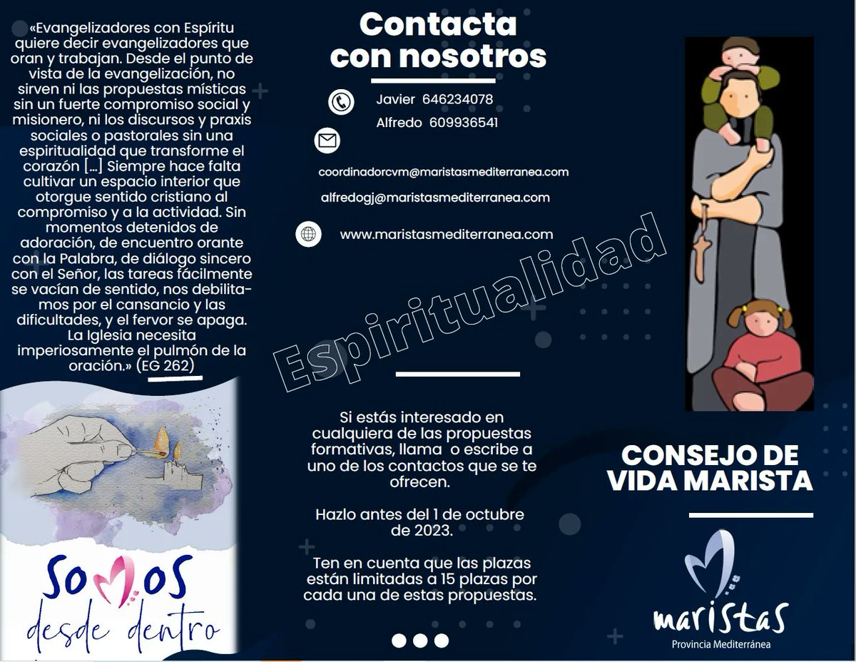 El Consejo de Vida Marista nos presenta algunas propuestas para este curso: encuentros experienciales y formativos de #interioridad, #oración y #contemplación . Si tienes + de 24 años y estás interesado, contacta con ellos.

#somosdesdedentro #maristasestásencas
