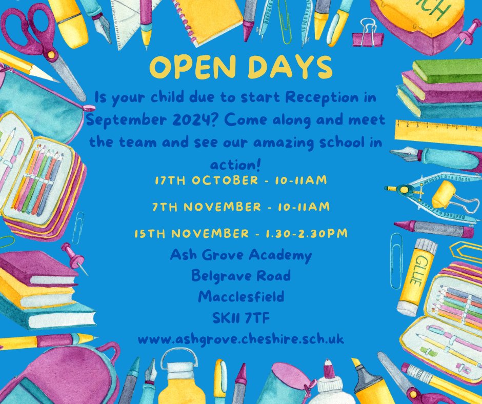 Are you looking for a Reception place for your child in September 24? Come along to our open days at @AshGroveAcademy to find our how we support pupils to achieve their best in a happy and productive environment.
#aspire #schoolopenday #macclesfield #outstanding