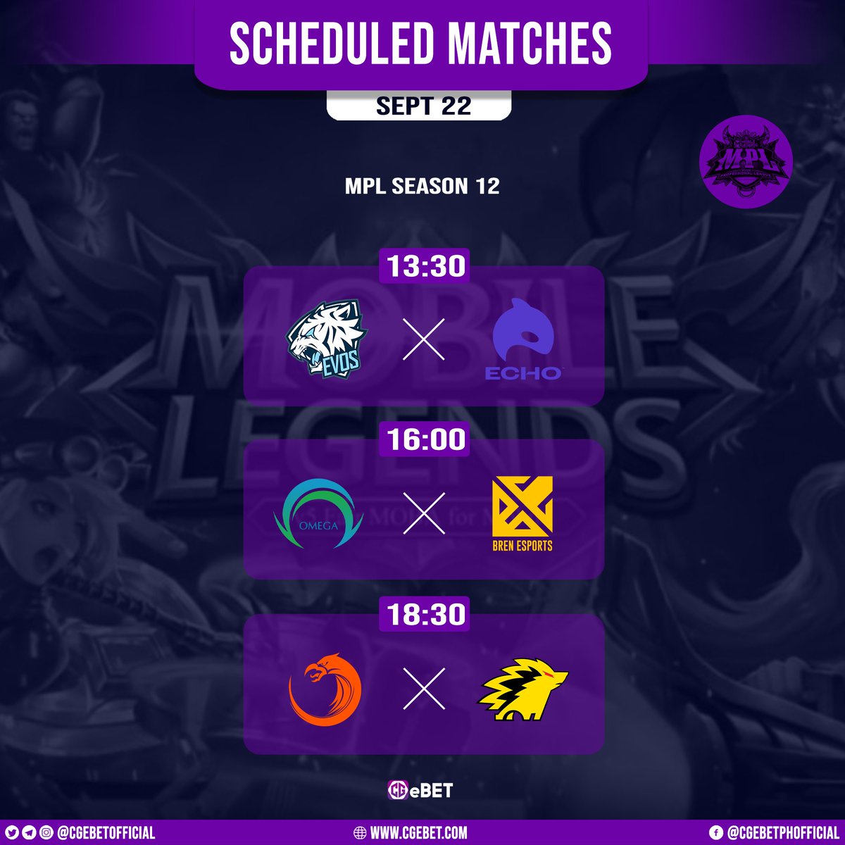 CGeBETOfficial's tweet photo. Mobile Legends MPL Season 12 schedule for September 22! Bet only here at https://t.co/eS7I2QItnL 🔥 

Join our official group on Facebook! Just click the link given below:

https://t.co/UyVoHZdQDT
https://t.co/UyVoHZdQDT https://t.co/YWBefmdOjC