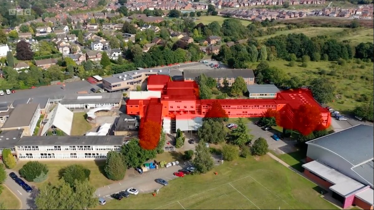 A fascinating aerial overlay graphic from national BBC news last night illustrating just how much of my son’s (otherwise excellent) high-school – <a href="/mytonschool/">Myton School Warwick</a> Warwick – has been lost to Raac roofing closures. Looks to be almost 50% to me. Devastating. Thanks a bunch Rishi and co.