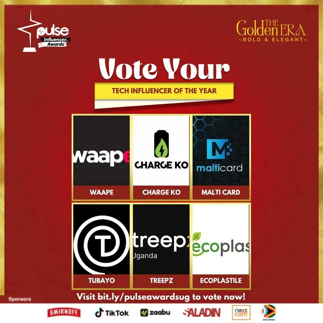 PulseUganda's tweet photo. Only 1 day left for you to vote your favoriteTech Influencer of the year!

The nominees @Malticard  @tubayotravel, @waape_ @ChargeKo and @EcoplastileInd1 

Vote via https://t.co/WZAPliCOpV

#PulseInfluencerAwards2023
#PulseInfluencerAwards2023Uganda https://t.co/CkzxSgpbUg