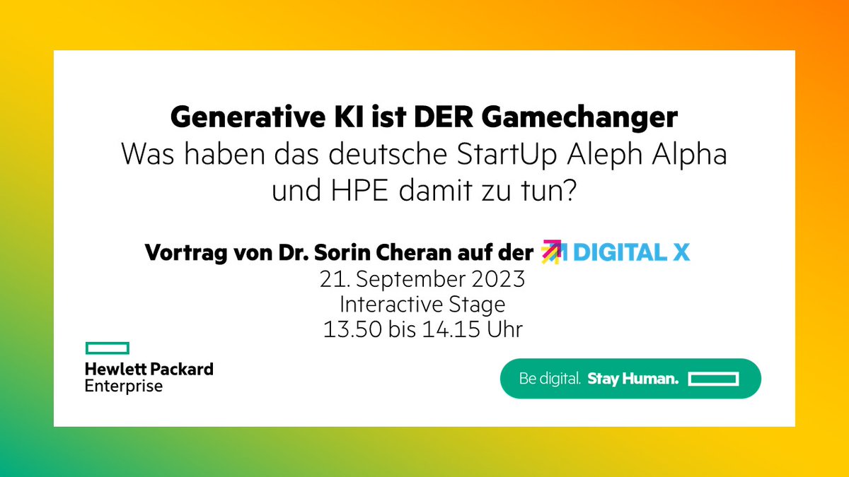 Schon morgen beantwortet Dr. Sorin Cheran, VP and Chief Technology Officer of Data and AI bei HPE, wichtige Fragen rund um KI und praktische Anwendungsfälle:

<a href="/deutschetelekom/">Deutsche Telekom</a> <a href="/aleph_alpha/">Aleph.Alpha</a> #dabei #DigitalX 🔗 hpe.to/6010PCvVK