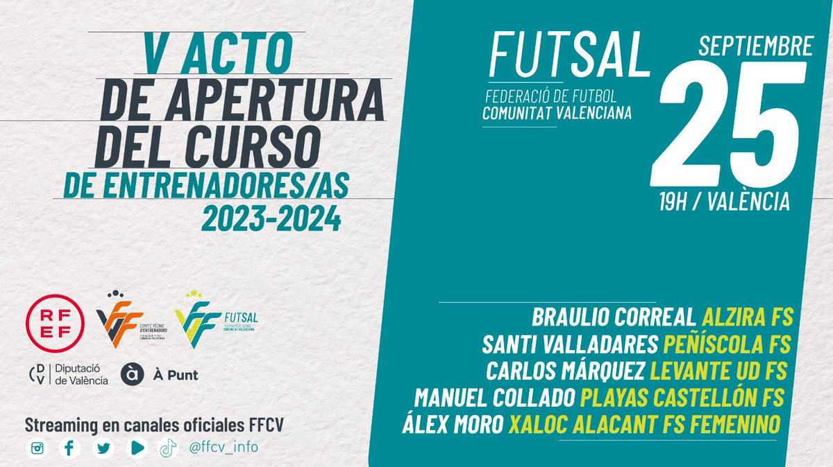 FFCV (@ffcv_info) on Twitter photo FUTSAL |
🗣️ Mesa redonda con entrenadores de Primera y Segunda División de fútbol sala de la Comunitat 🤩
🎓 <a href="/bcorreal11/">Braulio Correal</a> (<a href="/AlziraFS/">Family Cash Alzira FS</a>), <a href="/santi_valla/">Santi Valladares</a> (<a href="/peniscolafs/">Servigroup Peñíscola FS</a>), <a href="/marquez_cmm9/">Carlos Marquez</a> (<a href="/LUDfutbolsala/">Levante UD FS</a>), <a href="/ManuelCollado7/">Manuel Collado</a> (<a href="/playascastellon/">Playas de Castellón</a>) y Álex Moro (<a href="/XalocAlacant/">Xaloc Alacant F.S.</a>)
✅ Apertura del FUTSAL |
🗣️ Mesa redonda con entrenadores de Primera y Segunda División de fútbol sala de la Comunitat 🤩
🎓 <a href="/bcorreal11/">Braulio Correal</a> (<a href="/AlziraFS/">Family Cash Alzira FS</a>), <a href="/santi_valla/">Santi Valladares</a> (<a href="/peniscolafs/">Servigroup Peñíscola FS</a>), <a href="/marquez_cmm9/">Carlos Marquez</a> (<a href="/LUDfutbolsala/">Levante UD FS</a>), <a href="/ManuelCollado7/">Manuel Collado</a> (<a href="/playascastellon/">Playas de Castellón</a>) y Álex Moro (<a href="/XalocAlacant/">Xaloc Alacant F.S.</a>)
✅ Apertura del