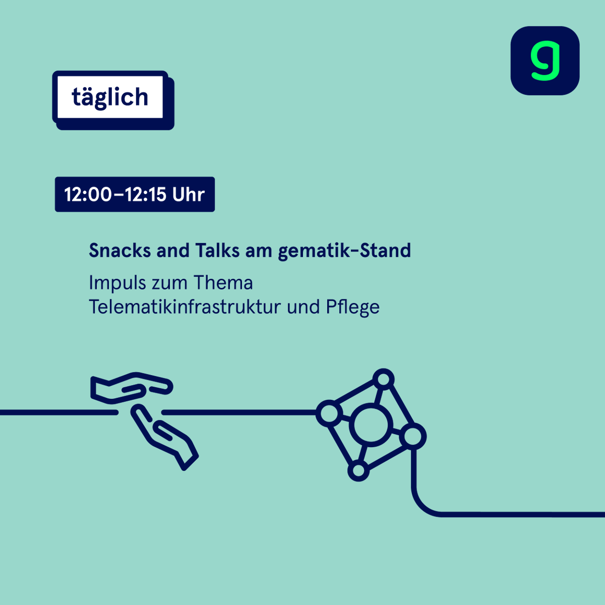 gematik1's tweet photo. #gematik goes #DPT23: Besuchen Sie uns am 28./29.09. im hub27 &amp; informieren Sie sich zu den Potenzialen der Digitalisierung in der Pflege, z. B. im Rahmen des Formats „Snacks and Talks" am gematik-Stand! Wir freuen uns auf Sie! @pflegetag https://t.co/crcxPWI52c