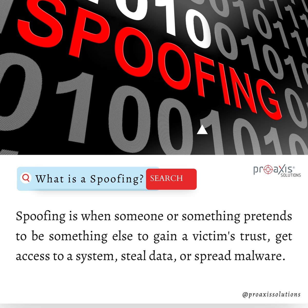 ProaxisScitech's tweet image. Have you heard of spoofing?

Spoofing is when someone or something pretends to be something else to gain a victim&apos;s trust, get access to a system, steal data, or spread malware.

#spoofing #spoofingattack #hackers #staysafeonline #cybersecuritymatters #proaxissolutions