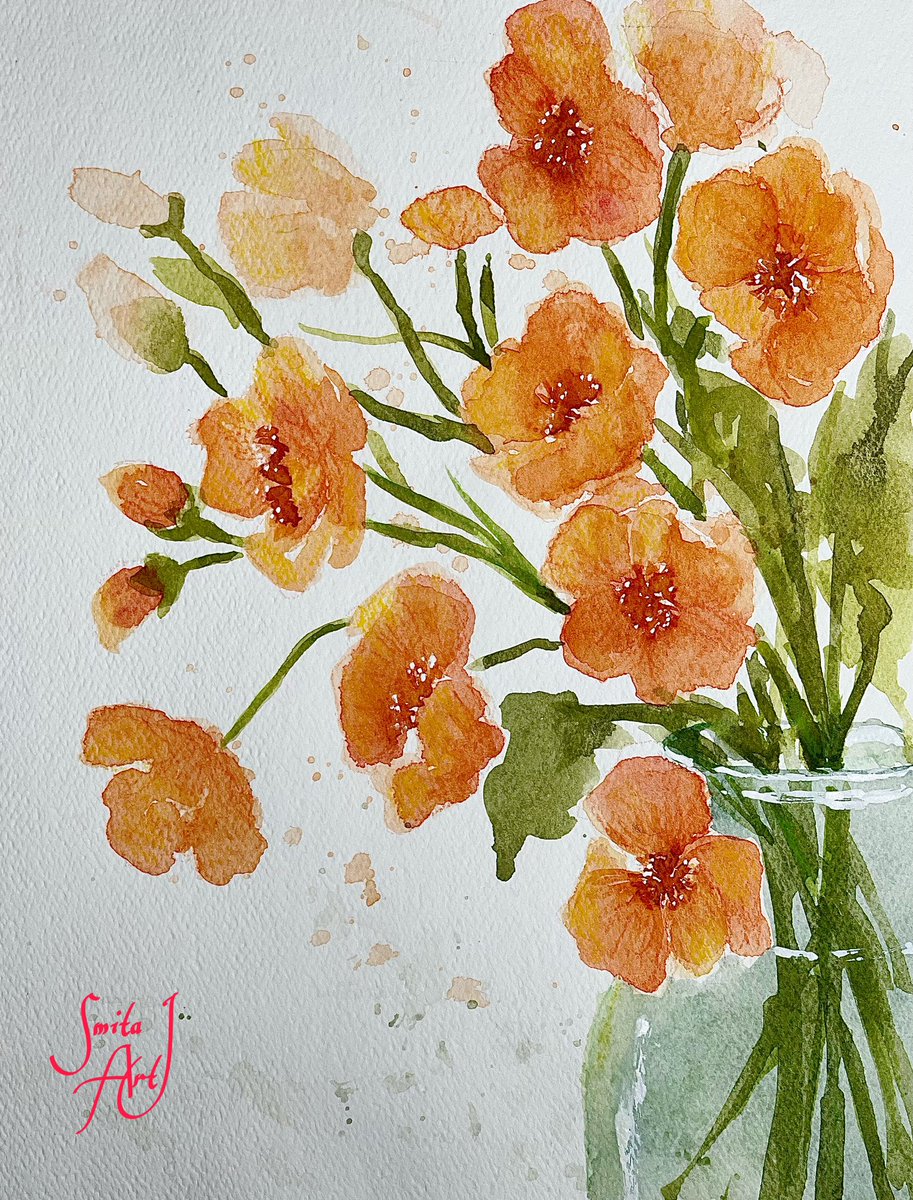 Autumn's orange blooms,
Leaves fall, and the garden glows,
Nature's fiery loom 🌼

#watercolorflorals #watercolor #floralart #floral #Autumn #september  #summerend