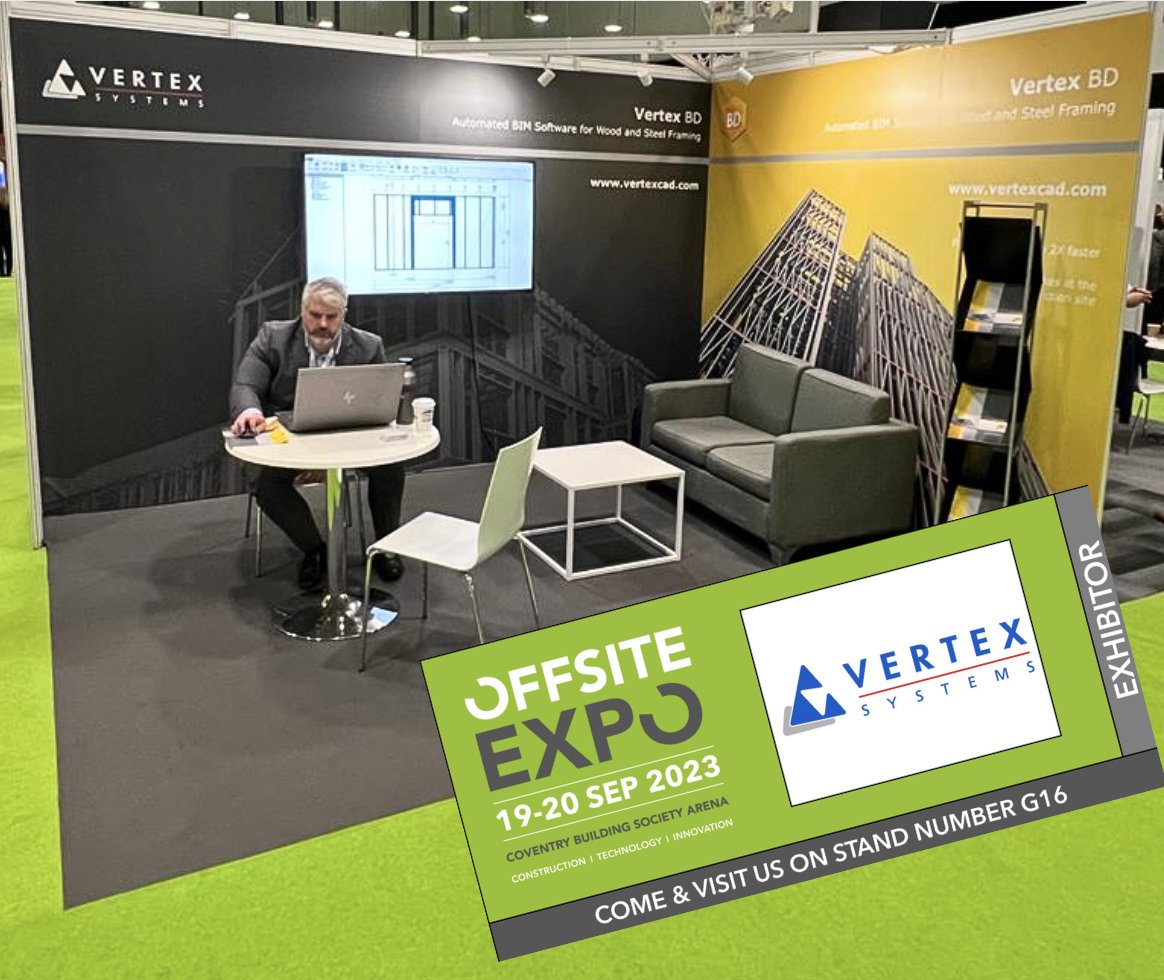 VertexSysIntl's tweet photo. DAY 2: #OffsiteExpo: Don't forget to pop by and see our #VertexSystems team at Stand G16 and learn more about #VertexBD #BIM software!
@ExploreOffsite #SteelFraming #CFS #WoodFraming #CNCmanufacturing #prefab #modular #homebuilding https://t.co/jqa01WrdmS