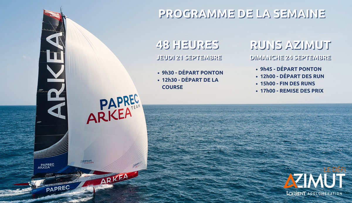 Paprec Arkéa Team (@teampaprecarkea) on Twitter photo 🌊📢 En direct de #Lorient : le <a href="/defiazimut/">Défi Azimut</a> est sur point de commencer !
Dès demain matin, en direct des pontons, car à 12h30, le TOP départ sera donné pour une course de 48 heures en Atlantique. Arrivée prévue probablement samedi matin …restez connectés !
#DéfiAzimut 🌊📢 En direct de #Lorient : le <a href="/defiazimut/">Défi Azimut</a> est sur point de commencer !
Dès demain matin, en direct des pontons, car à 12h30, le TOP départ sera donné pour une course de 48 heures en Atlantique. Arrivée prévue probablement samedi matin …restez connectés !
#DéfiAzimut
