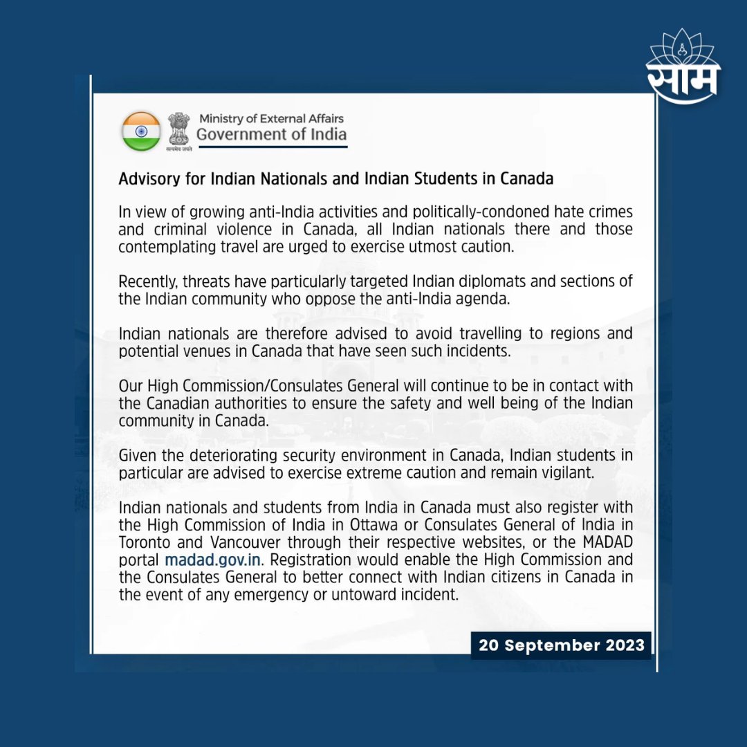saamTVnews's tweet photo. खलिस्तानवादी दहशतवाद्याच्या हत्येवरुन भारत आणि कॅनडामधील संबंध ताणले गेले आहेत. यापार्श्वभूमीवर भारत सरकारनं कॅनडातील भारतीय नागरिक आणि विद्यार्थ्यांसाठी नवी नियमावली जाहीर केली आहे. सविस्तर वाचा https://t.co/aorWZYQ8iK
#india #canada #externalministry #khalistan #marathinews https://t.co/eOj0NM5iFq