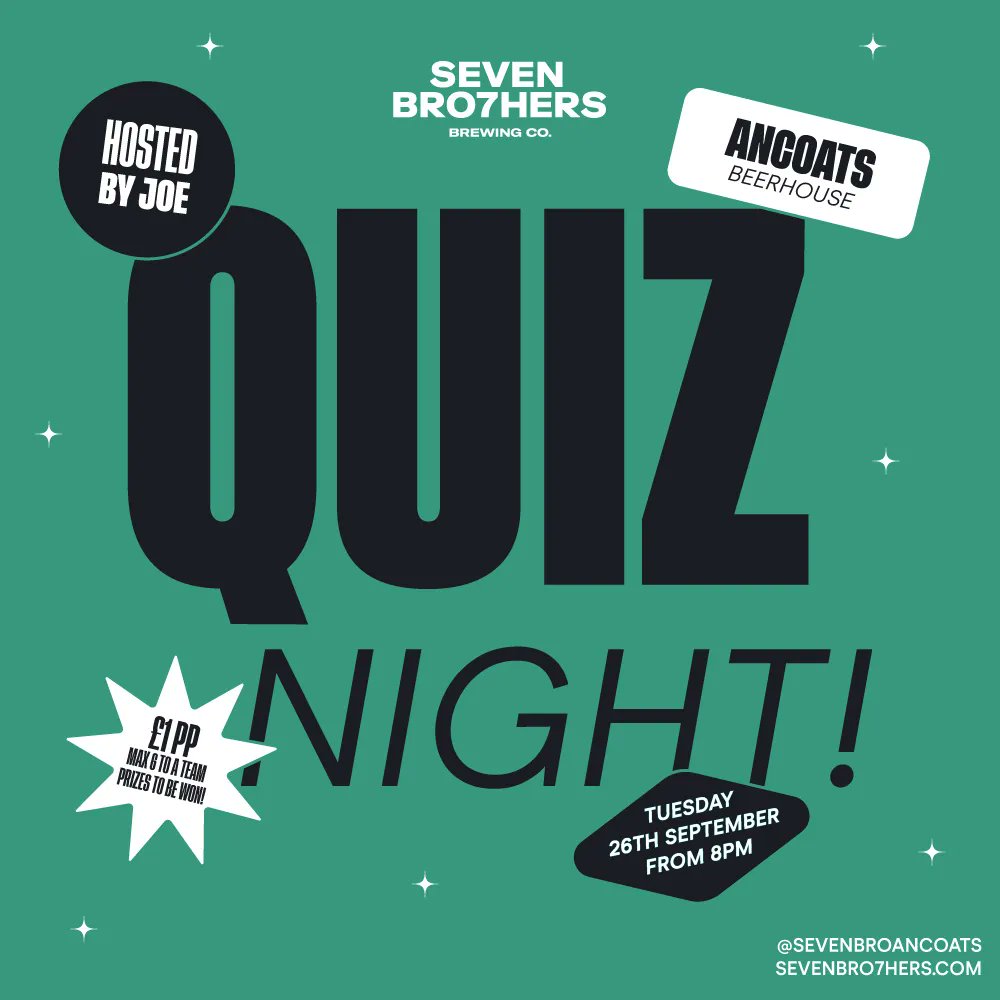 Quiz Night | Ancoats | Tuesday 26th September | 8pm Our quizmaster Joe will be kicking us off from 8pm Tuesday 26th September at our Ancoats Beerhouse - pop down earlier to grab a table for some yummy food & refreshing pints 🍻 £1 PP | 6 to a team | Prizes to be won