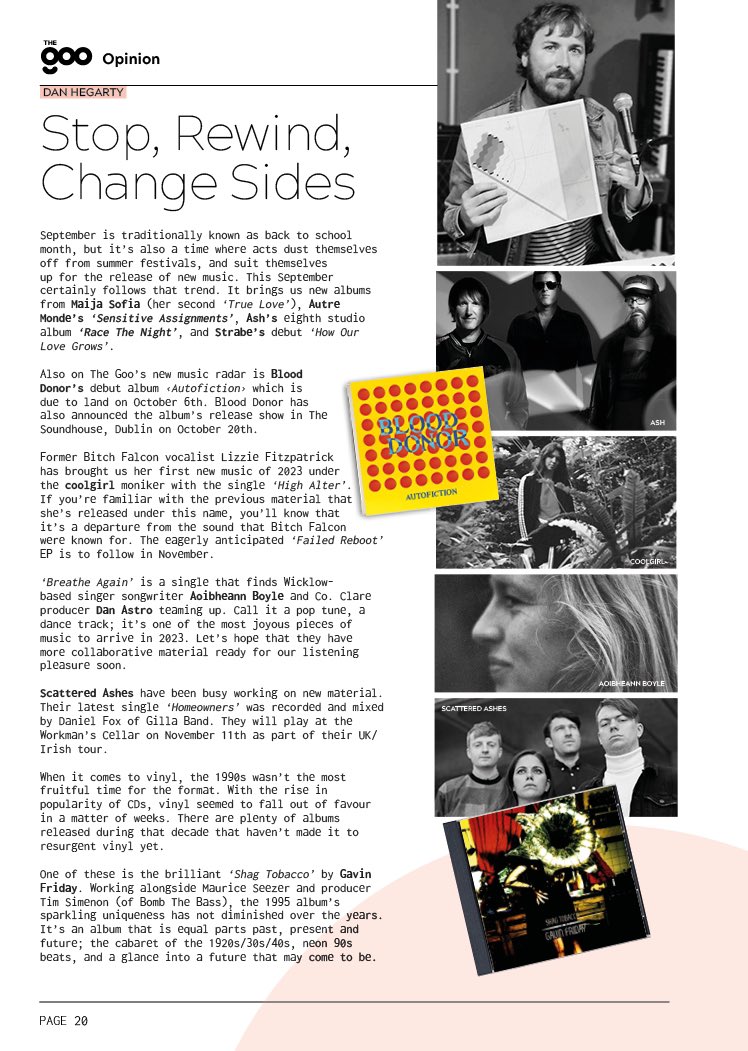 Issue 16 of @theGOOdublin has landed - here’s my piece from it ft: @Coolgirl_music, @BloodDonorrr, @SCATTEREDASHES1, @ashofficial, Dan Astro & Aoibheann Boyle, plus @GavinFridayNews’ incredible album ‘Shag Tobacco’