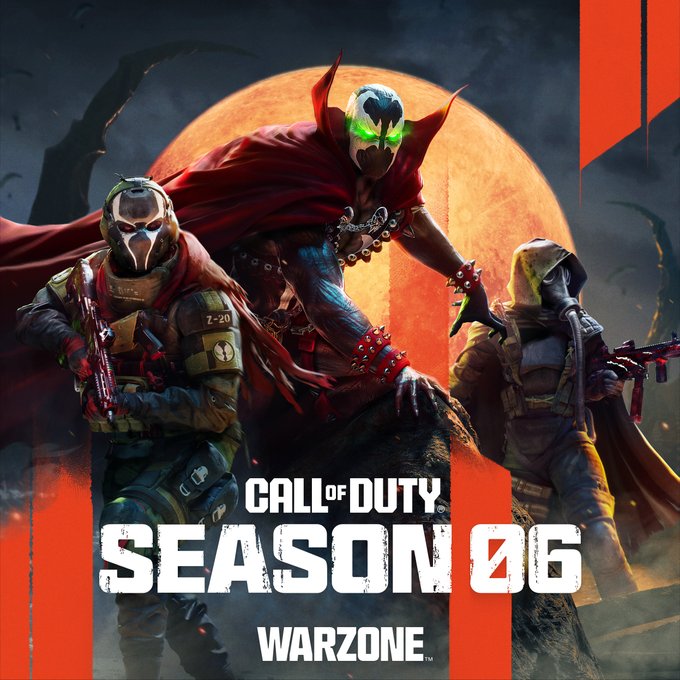 Season 06 Warzone key art with Spawn and other Operators aginst a blood orange moon. 