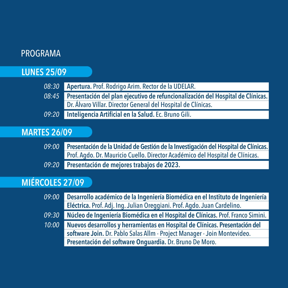hcmquintela's tweet photo. SEMANA ACADÉMICA 2023

Como es habitual, en torno a la fecha del aniversario de la inauguración del Hospital de Clínicas, se realiza la Semana Académica. 
Este evento, tiene como objetivo la difusión y divulgación de la actividad científica realizada en los últimos 12 meses https://t.co/XF3VLEjkDN
