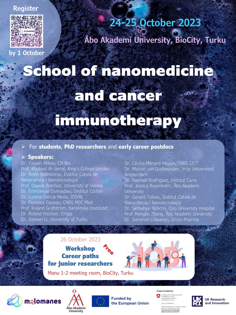 Do not miss this great and affordable opportunity for early-stage researchers to participate to the School on Nanomedicine and Cancer Immunotherapy in Turku, Finland, in October! The registration fees are low! Please share.