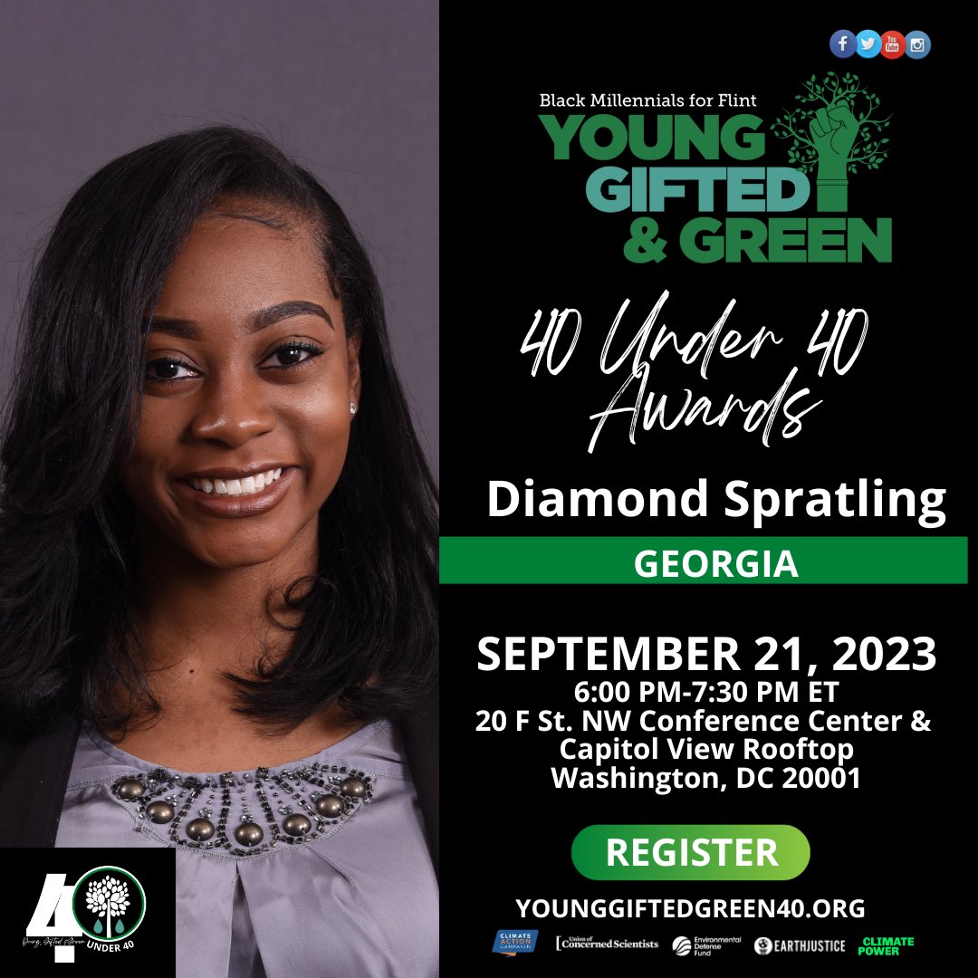 We are super excited to announce that Girl Plus Environment’s founder, Diamond Spratling will be a 2023 Young, Gifted & Green Awardee presented by @BM4Flint during Congressional Black Caucus ALC 9/21/23 in Washington, DC. ✨

#YoungGiftedGreen