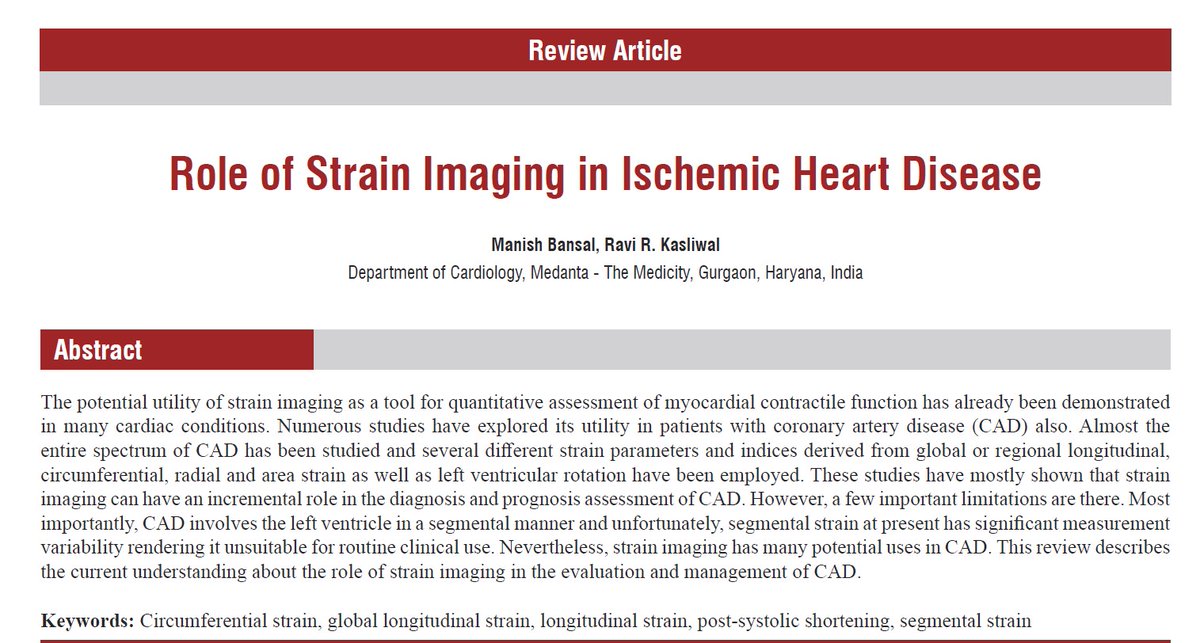 Although limited by the measurement variability of segmental strain, strain imaging has been used extensively in IHD. Here is an updated review....jiaecho.org/text.asp?2023/… @manishaiims @IAEecho @Sashgov