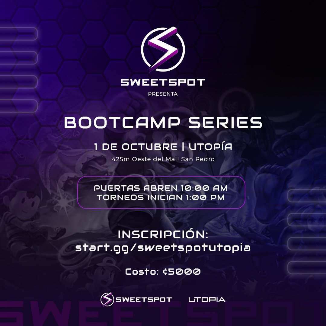 Domingo 01 de Octubre, en Utopia (Los Yoses, San Pedro) 

Nuevo torneo con un side-event distinto 👀

Las inscripciones estan abiertas: 
start.gg/sweetspotutopia
start.gg/sweetspotutopia
start.gg/sweetspotutopia
