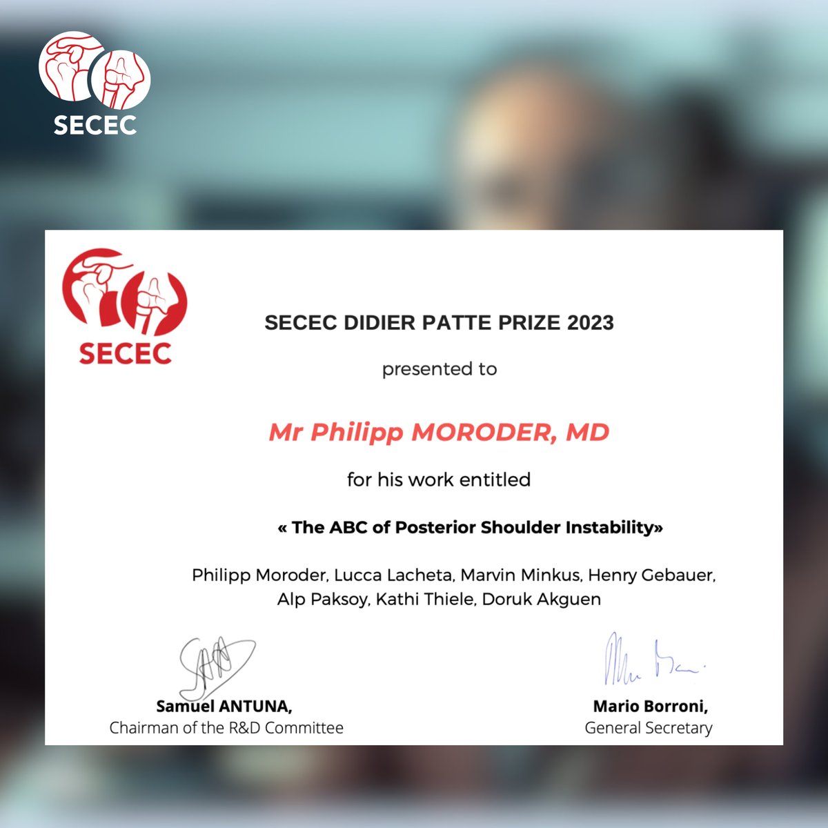 🏆🥇 and the winner of 2023 DIDIER PATTE award is... Philipp Moroder from Schulthess Klinik for his work - The ABC of Posterior Shoulder Instability.
The prize is awarded for a body of European scientific research of outstanding merit pertaining to the shoulder. Congratulations!