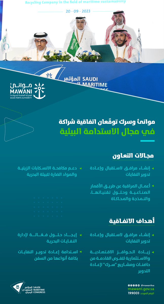 #موانئ و <a href="/SIRCSaudi/">سرك SIRC</a> توقّعان اتفاقية شراكة في مجال الاستدامة البيئية على هامش فعاليات #المؤتمر_السعودي_البحري؛ بهدف تعزيز الاستدامة البيئية والحفاظ على سلامة البيئة البحرية لبناء قطاع بحري مستدام يعزز مكانة المملكة كمركز لوجستي عالمي.