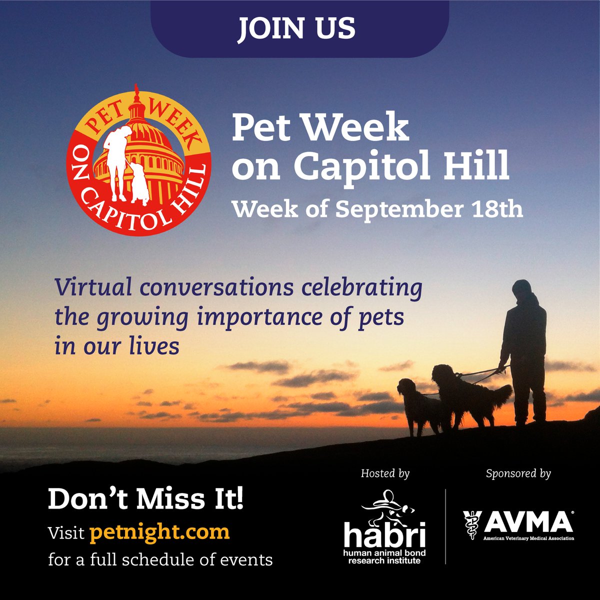 As a proud sponsor of #PetWeekonCapitolHill, the AVMA is teaming up with @HABRITweets to celebrate the power of pets with a series of FREE weeklong educational programing that features experts in pet care, animal health, research, and policy. Join us: PetNight.com
