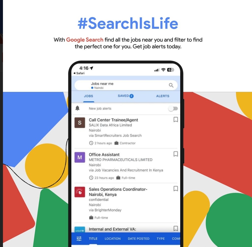 Wadau lets be on the lookout for jobs using Google.

Use goo.gle/ke-jobs2 to search for jobs you are interested in.
 Turn on the notification to get alert as in the illustration. 
#AD
#FindWithGoogle
#SearchNiLife
#SearchIsLife