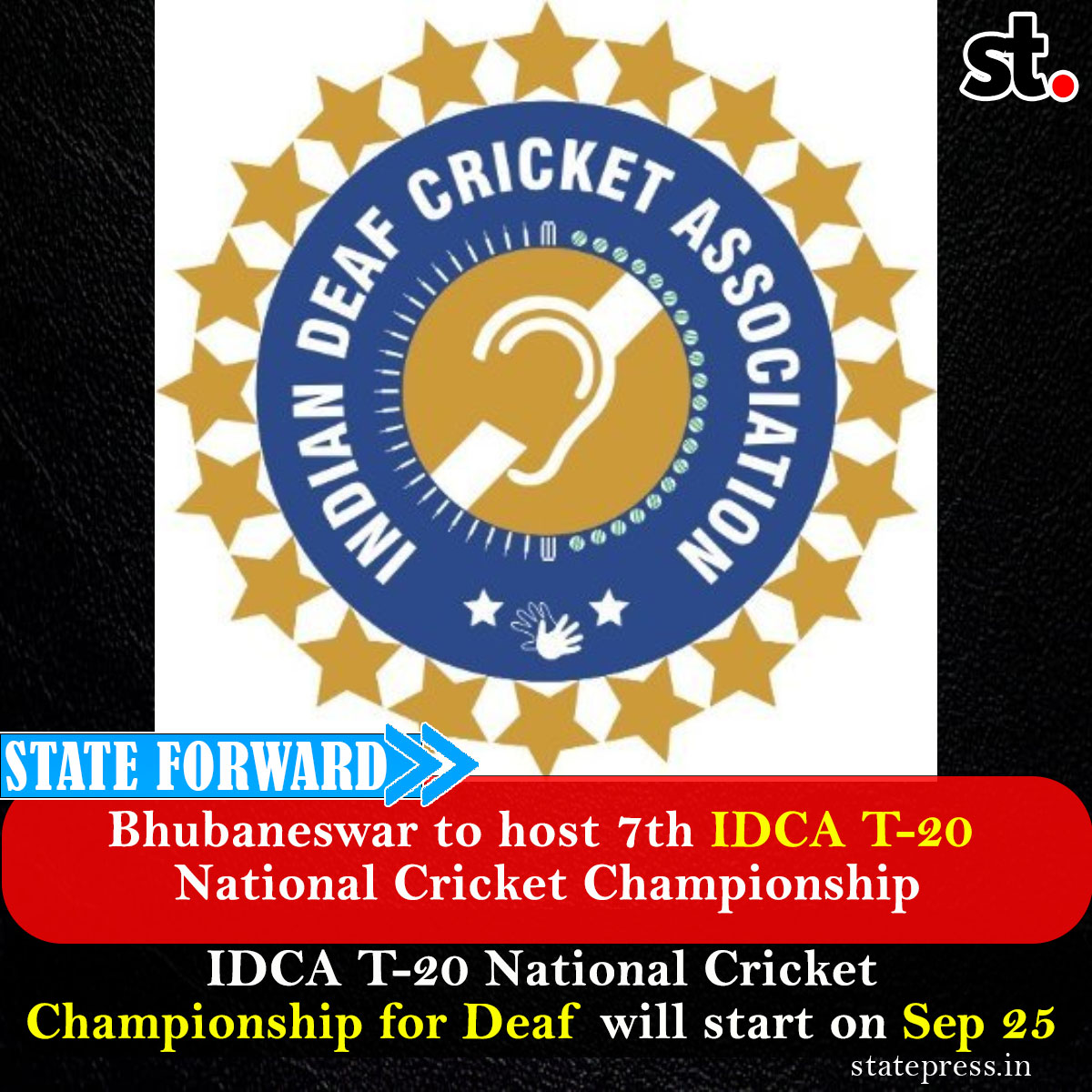 statepress_in's tweet photo. Bhubaneswar to host 7th IDCA T-20 National Cricket Championship
IDCA T-20 National Cricket Championship for Deaf will start on Sep 25 in Bhubaneswar.

#idcat20 #StatePress #Bhubaneswar https://t.co/m3NYI1OqrG