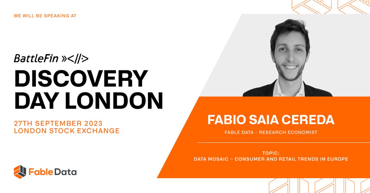 fable_data's tweet image. Curious about consumer trends in Europe? what&apos;s the data showing? Fable Data has the answers! Join
Fabio Saia Cereda and panelists on Sept 27 at @BattleFinData Discovery Day London.📈 #AltData #BattleFin #DiscoveryDayLondon #DataProvider #events #networking #transactions
