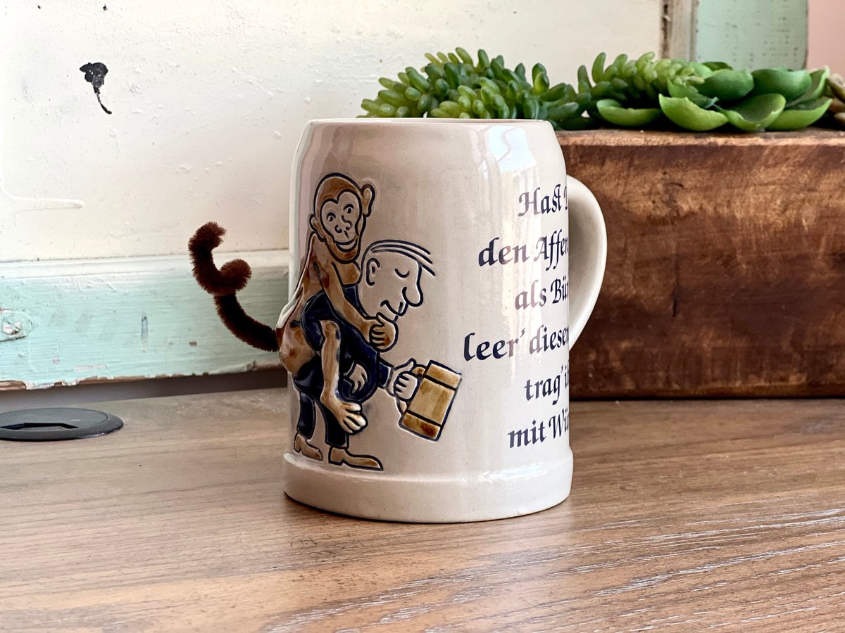Sleek sellouts! 🤓. Order Beer Stein, Vintage Gerzit Stein w Unique Design 'Monkey on Your Back' Humorous Gift, Vintage Mug, Bar Display, Beer Mug, Gift for Him at $100.00 from etsy.com/listing/134603… #VintageBar #NoveltyBarGlass