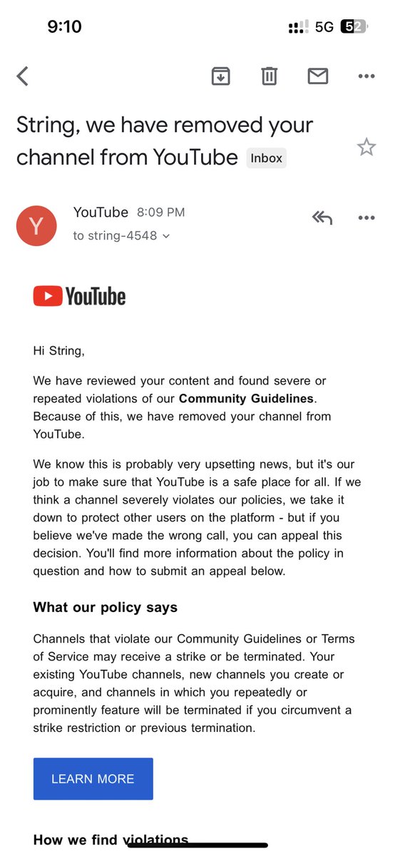 String Channel removed‼️ No strike, no violation but straight delete🤷‍♂️@TeamYouTube @YouTube Please explain whose boots you licked to do this to me? If you don’t bring back my channel asap, you will see how far I’ll reach. Mind you! YouTube is not the only platform where we can do…