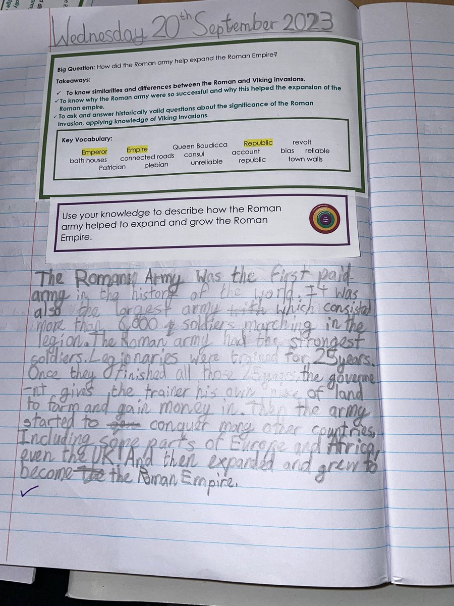 The third task in the History lesson was to write a short paragraph on how the Roman army helped to expand and grow the Roman Empire using the shared responses.  

@MrsBinnsSMPA @DeltaSouthmere 

#HistoryLesson #RomanEmpire #RomanEra #RomanArmy #ResearchSkills #Year5 #KeyStage2