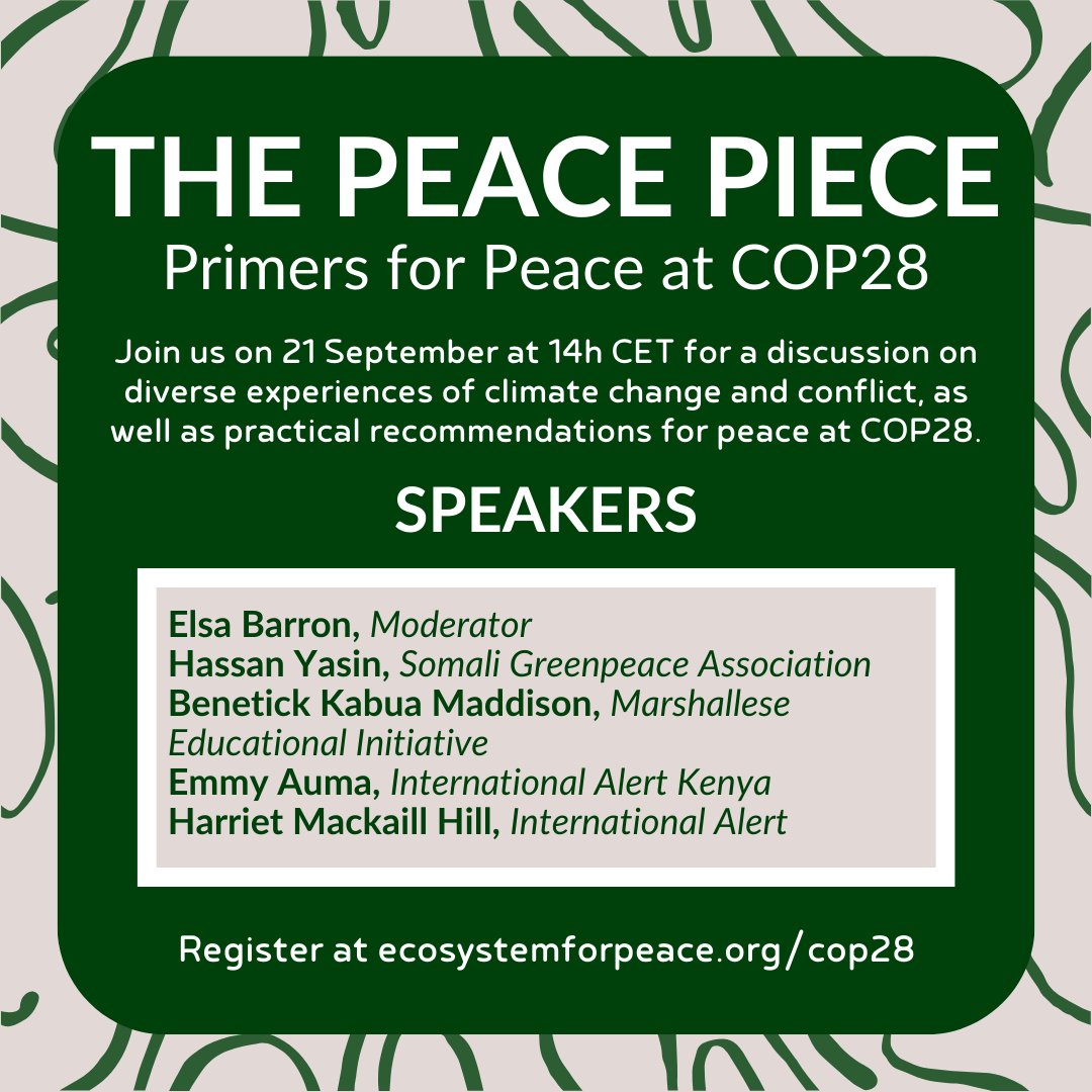 🕊Don't miss it! 🗨Join us for a #PeaceDay conversation on the practical ways #ClimateAction and peace can go hand-in-hand. As we look toward #COP28, with it's first ever peace day, it's vital we work together to get peace on the agenda. Register: share.hsforms.com/1PpNZwB-6RiGzG…