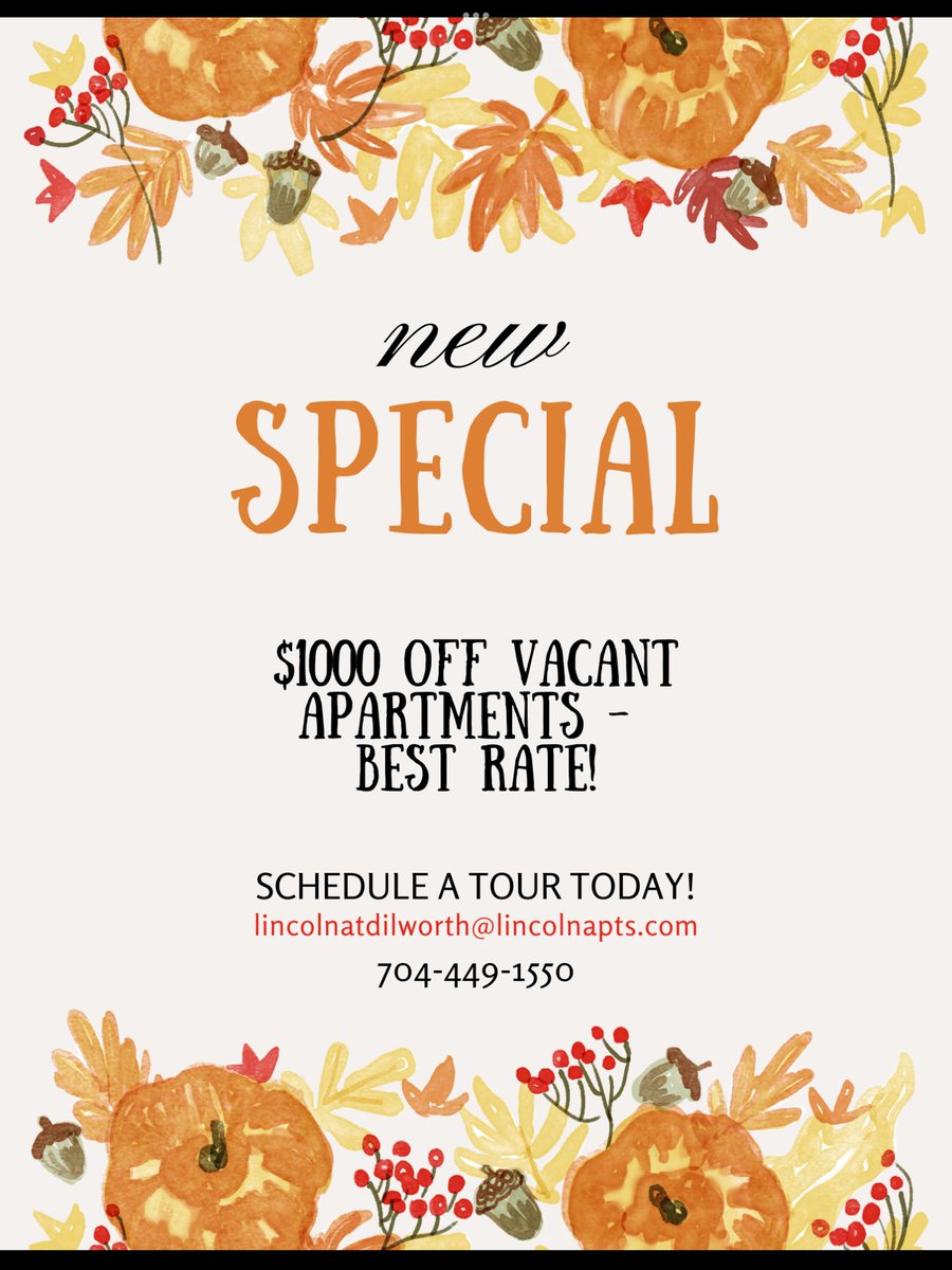 Check out our new special! Schedule a tour to claim your new amazing home🤩 🍁 
#special #tour #lincolnatdilworth #lincolnpropco