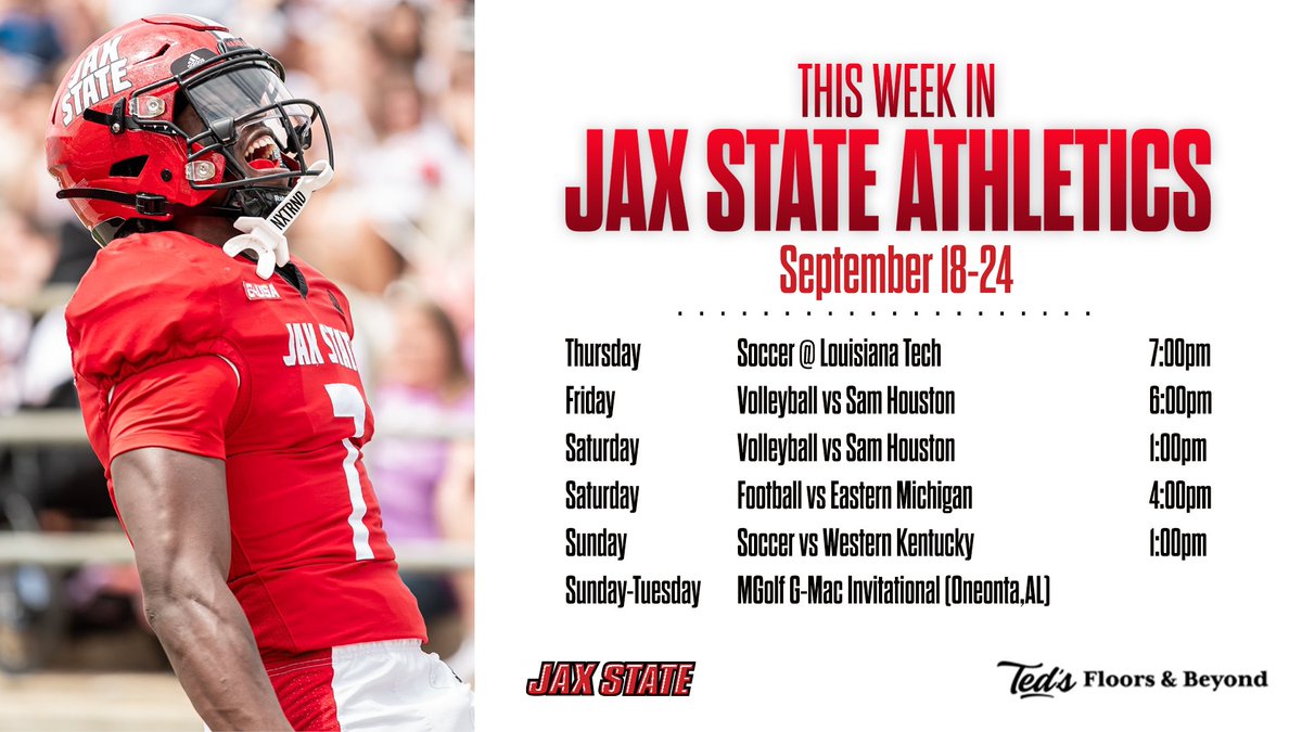 Our friends at Ted's Floors &amp; Beyond bring us the newest This Week in Jax State Athletics, highlighting a busy Homecoming Weekend for the Gamecocks with <a href="/JaxStateVB/">Jacksonville State Volleyball</a>, <a href="/JaxStateFB/">Jax State Football</a> &amp; <a href="/JaxStateSOC/">𝗝𝗮𝘅 𝗦𝘁𝗮𝘁𝗲 𝗦𝗼𝗰𝗰𝗲𝗿</a> all in action at home! 🐔