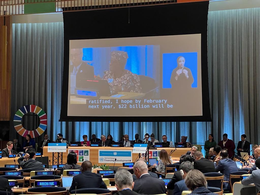 NOIweala's tweet photo. In New York at the Financing for Development Summit. Talking about the important role of Trade Finance in generating export earnings to help finance development. Also pointing to significant trade finance gaps, and the important role of repurposing $22 billion in harmful fisheries subsidies, over $600 billion in trade distorting agricultural subsidies, and over $1 trillion in fossil fuel subsidies. With @antonioguterres, @UN_PGA, @KGeorgieva & Ajay Bhanga @WorldBank