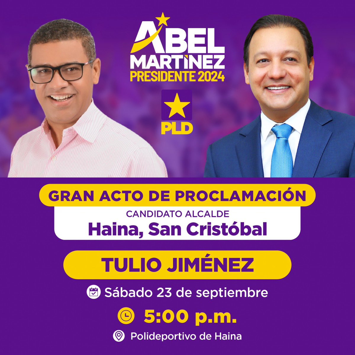 #AbelPresidente continúa proclamando a los candidatos de la esperanza y la recuperación para las elecciones municipales 🗳️ de febrero. 

¡Este sábado nos vamos a San Cristóbal!

📍Yaguate
𝐑𝐨𝐬𝐚 𝐏𝐞𝐧̃𝐚
📍Palenque
𝐀́𝐧𝐠𝐞𝐥𝐚 𝐃𝐢𝐩𝐫𝐞́
📍Haina
𝐓𝐮𝐥𝐢𝐨 𝐉𝐢𝐦𝐞́𝐧𝐞𝐳