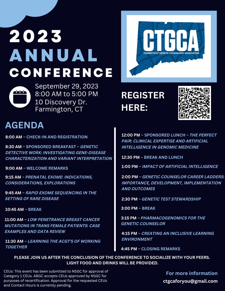 We want to see YOU at the CT genetic counselors' association annual conference! There is still time to register using the QR code below. See you there!! #genechat